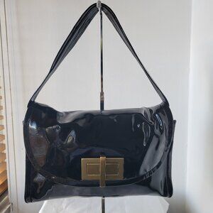 Vintage Anne Klein Black Patent Leather Purse with Gold Twist Closure